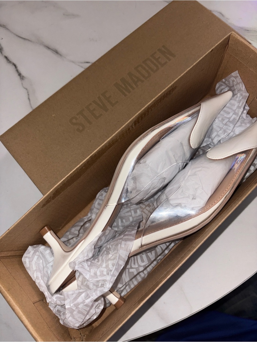 Steve Madden White Pointed Toe Slingback Kitten Heels with Silver Accents